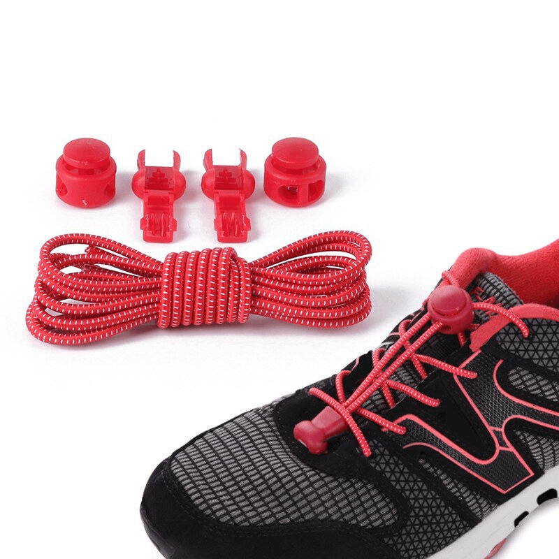 Red elastic no-tie laces with spring buckles for sports shoes, featuring unisex design and easy installation without tying.